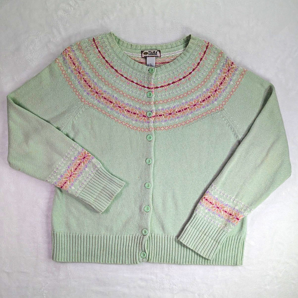 VTG Tiara International Fair Isle Cardigan Sweater Mint Green Pastel Y2K Large